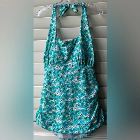 Lands' End - 18W - Turquoise Floral Tankini - New - Sample - Side Ruching - Picture 1 of 9